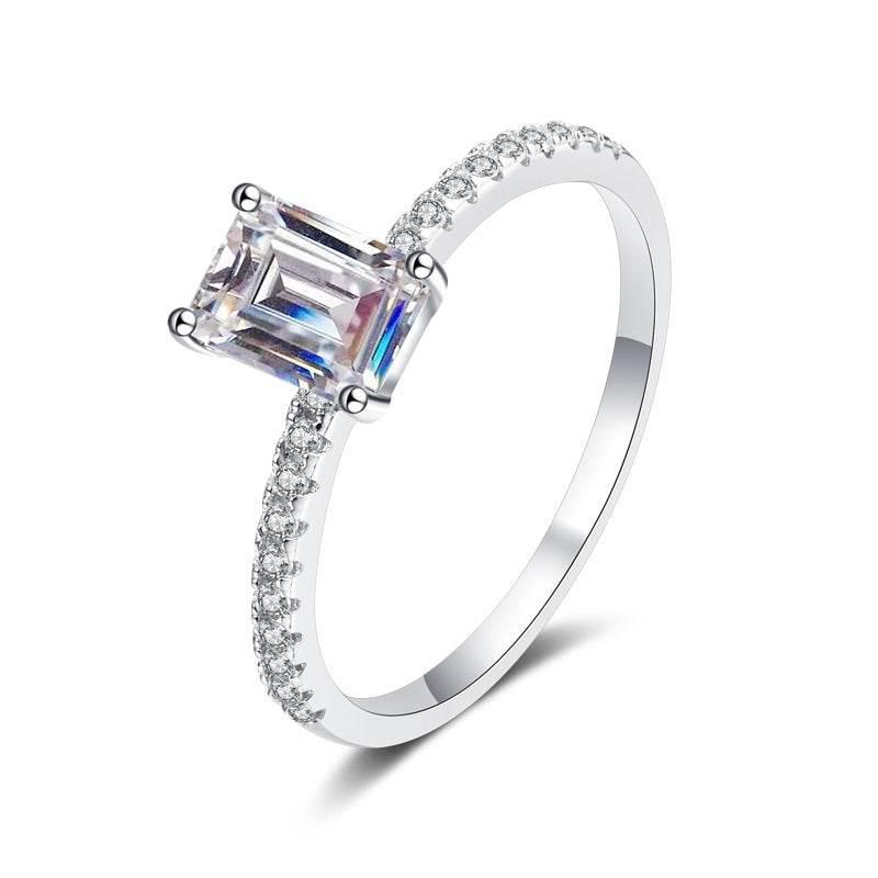 S925 Emerald Cut Moissanite Engagement Ring, Sterling Silver Promise Ring with Pavé Band, Dainty CZ Bridal Wedding Jewelry, Gift for Her - FITINY Jewelry