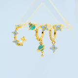 Multi Sets of Blue Flower Pierced Earrings, 4-6pcs, 18k Gold Plated Stud Drop Hoop Huggie Cuff Chain, S925 Needle, Stacked Lobe Designs with Dazzling Zirconia
