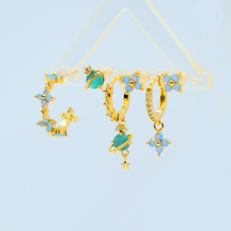 Multi Sets of Blue Flower Pierced Earrings, 4-6pcs, 18k Gold Plated Stud Drop Hoop Huggie Cuff Chain, S925 Needle, Stacked Lobe Designs with Dazzling Zirconia