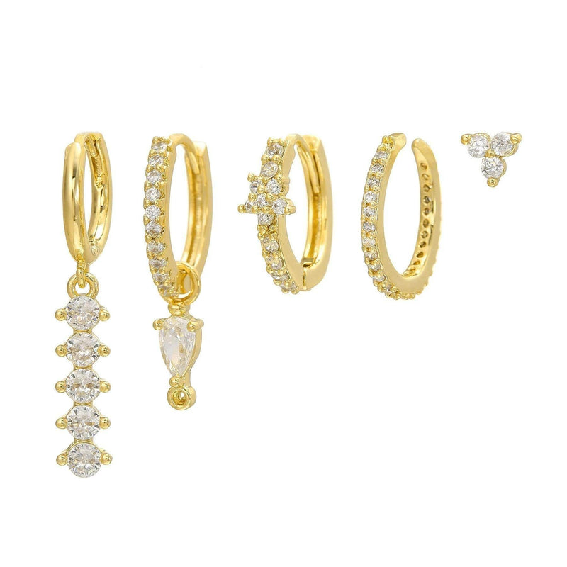 Multi Sets of Blue Flower Pierced Earrings, 4-6pcs, 18k Gold Plated Stud Drop Hoop Huggie Cuff Chain, S925 Needle, Stacked Lobe Designs with Dazzling Zirconia - FITINY Jewelry