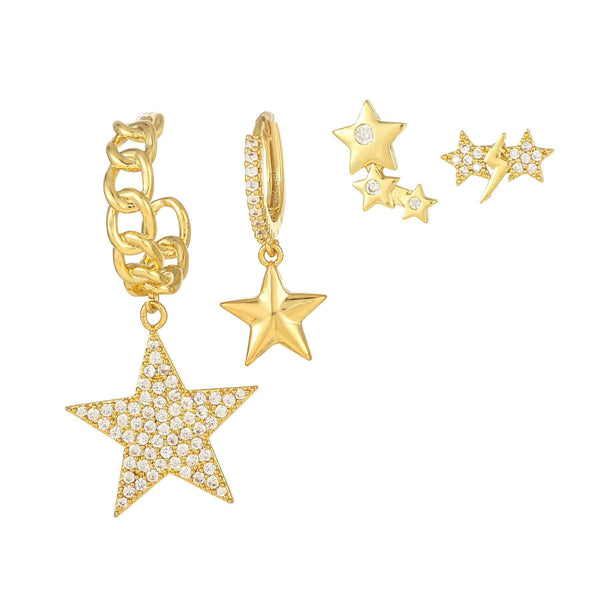 4 Pieces Starry Chain Glow Earring Set, 18k Gold Stud Drop Hoop, S925 Needle, Stacked Lobe Designs with Dazzling Zirconia