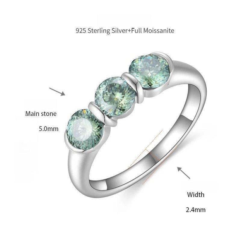Minimalist Blue-Green Moissanite Ring – 3-Stone Geometric Band in White Gold Plated Sterling Silver