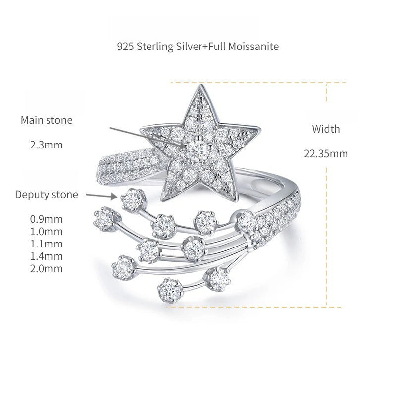 Comet Star Moissanite Ring in Sterling Silver – Adjustable G - Detail View - FITINY Jewelry
