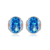 Multicolor Ice Flower Cut Oval CZ Stud Earrings, Blue & Green 7*9mm 8A Cubic Zirconia, S925 Silver Needle, Two-Tone Pave CZ Halo, Dainty Luxe
