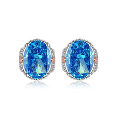 Multicolor Ice Flower Cut Oval CZ Stud Earrings, Blue & Green 7*9mm 8A Cubic Zirconia, S925 Silver Needle, Two-Tone Pave CZ Halo, Dainty Luxe - FITINY Jewelry