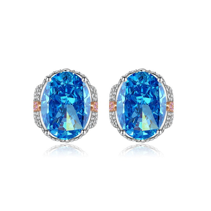 Multicolor Ice Flower Cut Oval CZ Stud Earrings, Blue & Green 7*9mm 8A Cubic Zirconia, S925 Silver Needle, Two-Tone Pave CZ Halo, Dainty Luxe