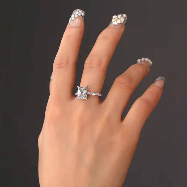 S925 Radiant Cut Moissanite & High Carbon Engagement Ring with Pavé-Set Band, 1-2 Carat VVS1 D-Color Certified, Four-Prong Sterling Silver Ring