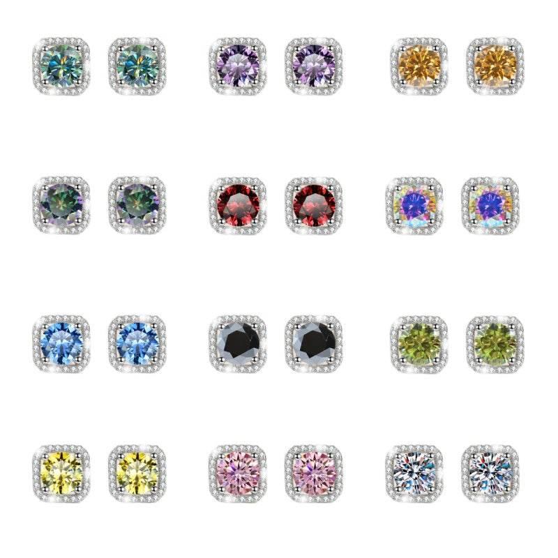 S925 Colorful Moissanite/CZ Square Halo Earrings, 0.5-1ct D-Grade VVS Certificate, Hypoallergenic Sterling Silver Jewelry Gift - FITINY Jewelry