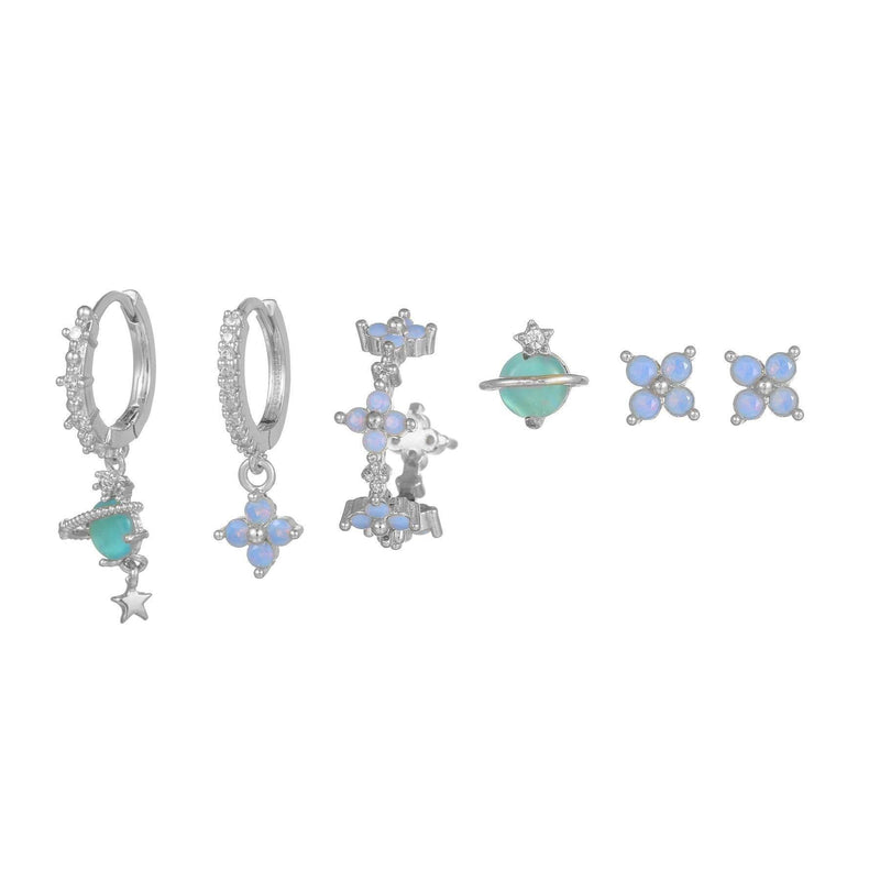 Multi Sets of Blue Flower Pierced Earrings, 4-6pcs, 18k Gold Plated Stud Drop Hoop Huggie Cuff Chain, S925 Needle, Stacked Lobe Designs with Dazzling Zirconia - FITINY Jewelry