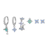 Multi Sets of Blue Flower Pierced Earrings, 4-6pcs, 18k Gold Plated Stud Drop Hoop Huggie Cuff Chain, S925 Needle, Stacked Lobe Designs with Dazzling Zirconia