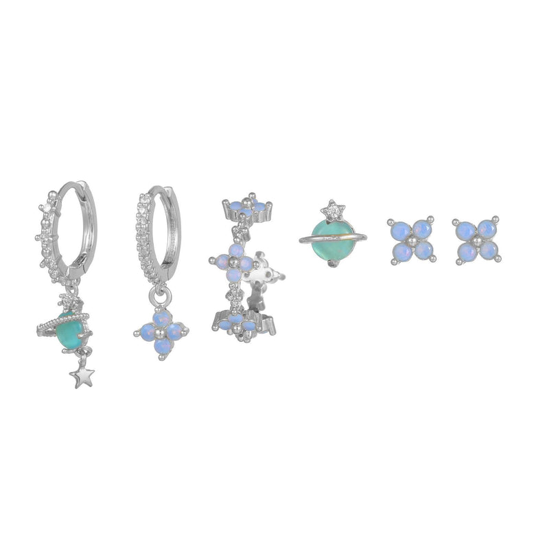 Multi Sets of Blue Flower Pierced Earrings, 4-6pcs, 18k Gold Plated Stud Drop Hoop Huggie Cuff Chain, S925 Needle, Stacked Lobe Designs with Dazzling Zirconia
