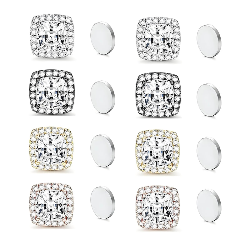 Stainless Steel Magnetic CZ Square Halo Stud Earrings for Men Women, Square Cubic Zirconia Inlaid Magnetic Earrings Non-Piercing Clip On Stud Earring - FITINY Jewelry
