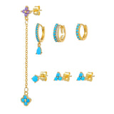 Multi Sets of Blue Flower Pierced Earrings, 4-6pcs, 18k Gold Plated Stud Drop Hoop Huggie Cuff Chain, S925 Needle, Stacked Lobe Designs with Dazzling Zirconia
