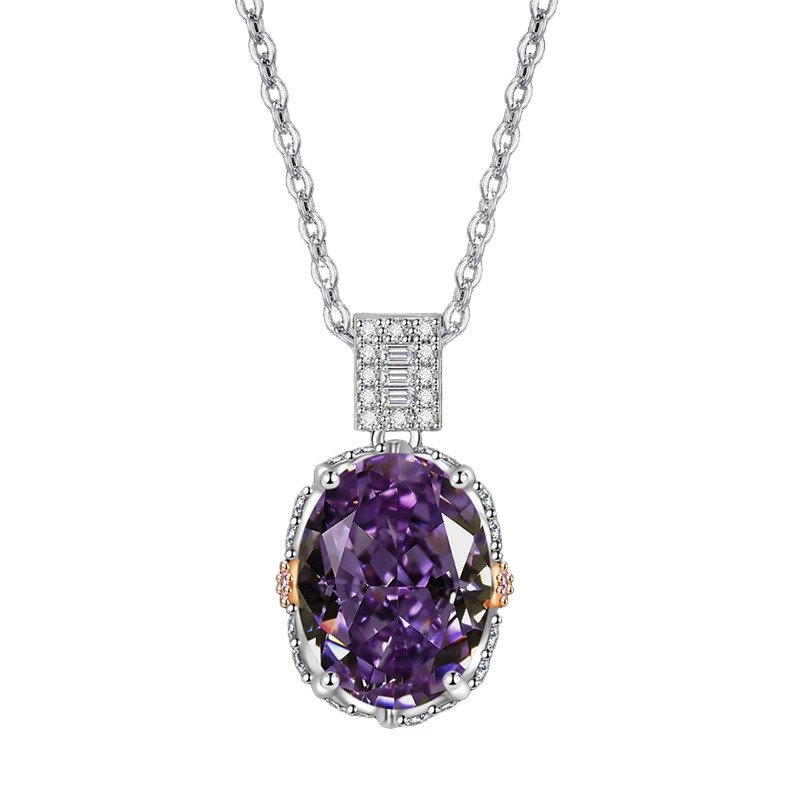 Multicolor Ice Flower Cut Oval CZ Pendant Necklace, 10*14mm 8A Cubic Zirconia, Two-Tone Pave CZ Halo with Pavé Top Frame, Adjustable Chain, Dainty Luxe