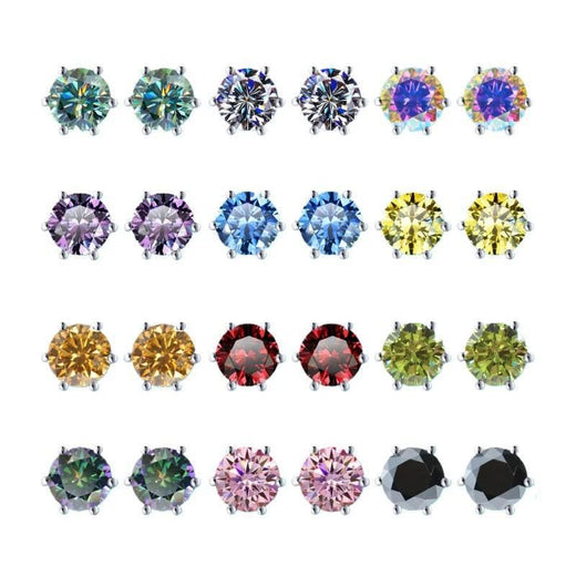 S925 Colorful Moissanite & CZ Classic 6-Prong Stud Earrings For Men Women Gift, 10 Color 0.5-2ct D-Grade VVS Certificated Moissanite Sterling Silver Studs - FITINY Jewelry