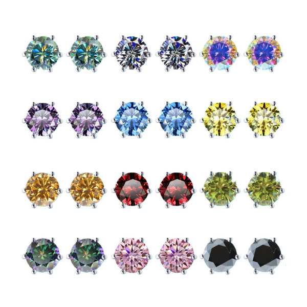 S925 Colorful Moissanite & CZ Classic 6-Prong Stud Earrings For Men Women Gift, 10 Color 0.5-2ct D-Grade VVS Certificated Moissanite Sterling Silver Studs