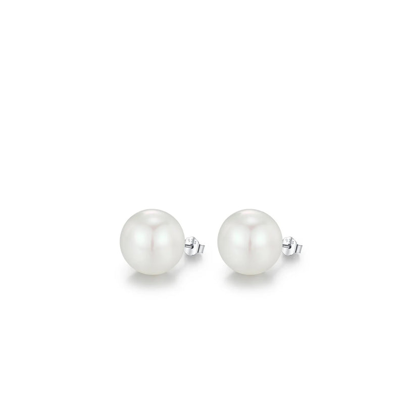 Geometric Pearl Stud Earrings in Sterling Silver with Clear  - On Model View - FITINY