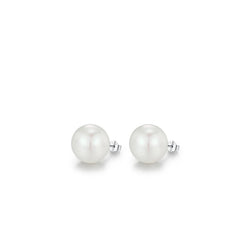 Geometric Pearl Stud Earrings in Sterling Silver with Clear  - On Model View - FITINY
