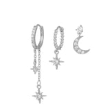 3 Pieces Lunar Starlight Glow Earring Set, 18k Gold and White Gold Stud Drop Hoop, S925 Needle, Stacked Lobe Designs with Dazzling Zirconia