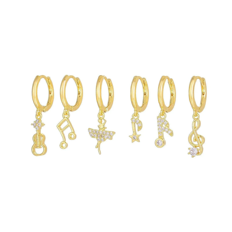 6 Pieces Melody Charm Notes Earring Set, 18k Gold Hoop with  - Front View - FITINY Jewelry