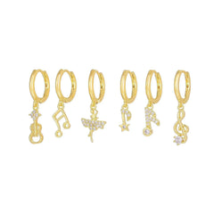 6 Pieces Melody Charm Notes Earring Set, 18k Gold Hoop with  - Front View - FITINY Jewelry