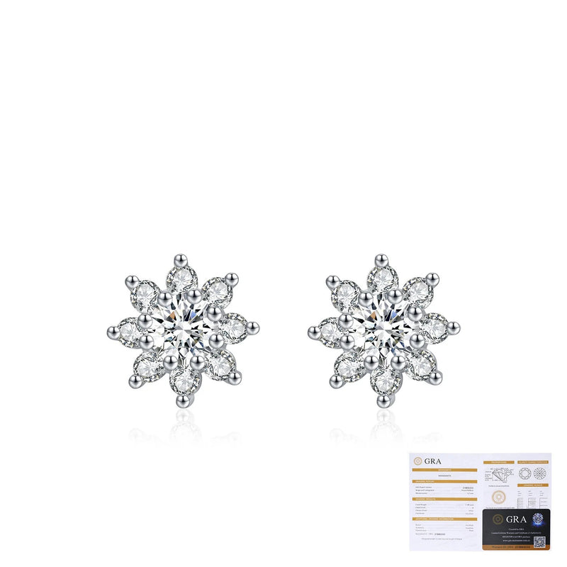 Floral Moissanite Stud Earrings in Sterling Silver – Chic Sn - On Model View - FITINY