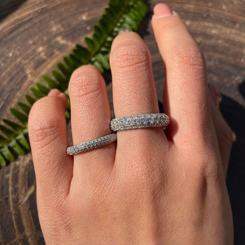 S925 Moissanite Three-Row Matching Couple Eternity Bands, Narrow 0.8ct & Wide 2.4ct Full Pave Rings, 18K White Gold Plated, US Size 4.5–10