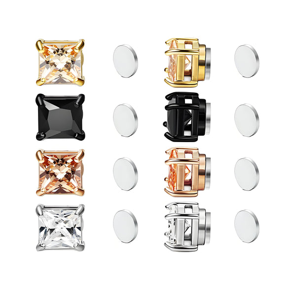 Stainless Steel Magnetic Princess Cut Stud Earrings for Men Women, 6/8mm Square CZ Inlaid Magnetic Earrings Non-Piercing Clip On Stud Earring
