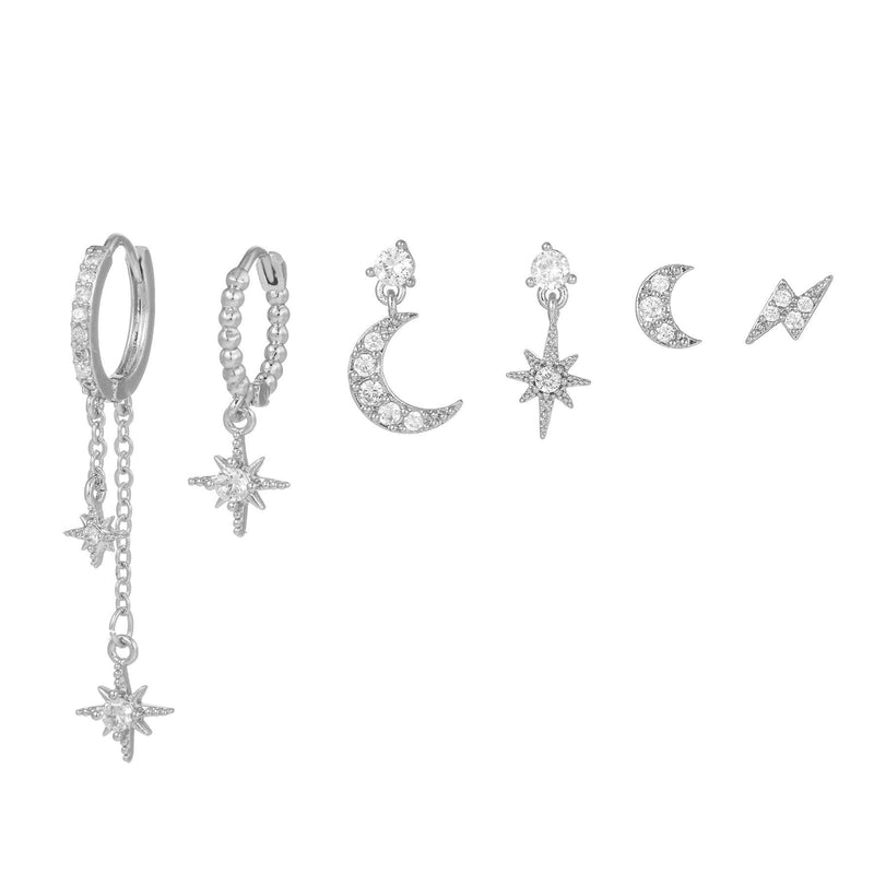Multi Sets of Chic Star&Moon Earrings, 3-6pcs, 18k Gold Plated Stud Drop Hoop Huggie Cuff Chain, S925 Needle, Stacked Lobe Designs with Dazzling Zirconia