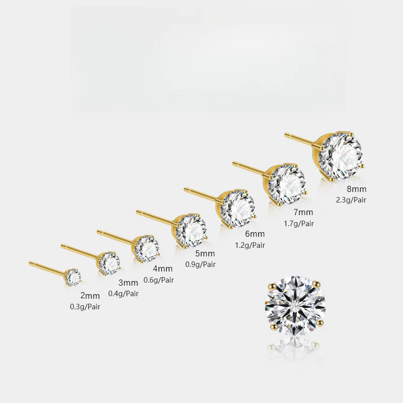 S925 Dazzling Classic 4-Prong CZ Stud Earrings, 2-8mm Round Cubic Zirconia Sterling Silver Earrings, 4 Color Options, Unisex Men Women Daily - Fitiny
