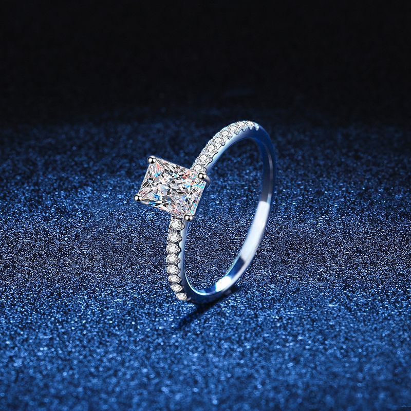 S925 Radiant Cut Moissanite & High Carbon Engagement Ring with Pavé-Set Band, 1-2 Carat VVS1 D-Color Certified, Four-Prong Sterling Silver Ring