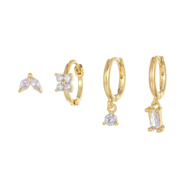 4 Pieces Geometric Zircon Stud Earring Set, 18k Gold Plated  - Front View - FITINY Jewelry
