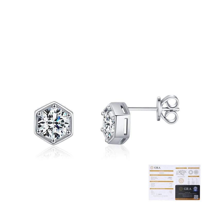 Hexagonal Moissanite Stud Earrings in Sterling Silver - Detail View - FITINY Jewelry