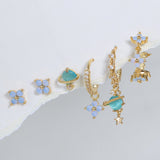 Multi Sets of Blue Flower Pierced Earrings, 4-6pcs, 18k Gold Plated Stud Drop Hoop Huggie Cuff Chain, S925 Needle, Stacked Lobe Designs with Dazzling Zirconia