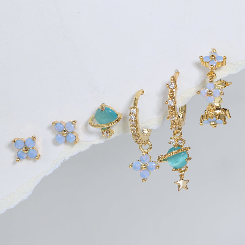 Multi Sets of Blue Flower Pierced Earrings, 4-6pcs, 18k Gold Plated Stud Drop Hoop Huggie Cuff Chain, S925 Needle, Stacked Lobe Designs with Dazzling Zirconia