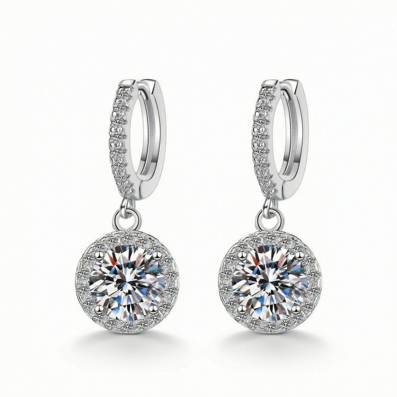 Moissanite halo drop earrings S925 sterling silver — pave huggie hoop, D-color VVS, white background