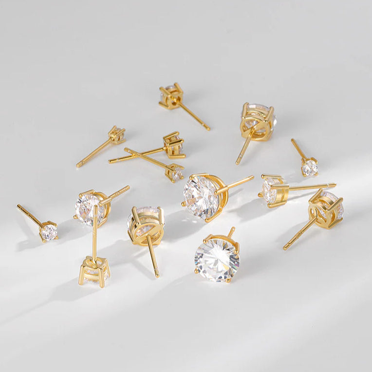 S925 Dazzling Classic 4-Prong CZ Stud Earrings, 2-8mm Round Cubic Zirconia Sterling Silver Earrings, 4 Color Options, Unisex Men Women Daily - Fitiny