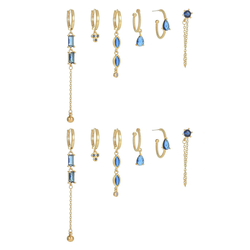 6 Pieces Long Tassel Vintage Earring Set with Micro-Pavé Dazzling Blue Zircons, 18k Gold Plated Ear Studs & Ear Drops, S925 Needle, Stacked Lobe Designs with Dazzling Zirconia