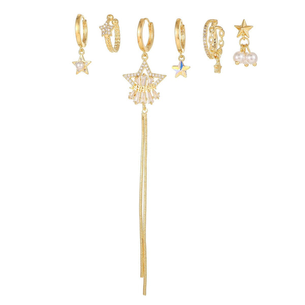 5 Pieces Starry Pearl Elegance Earring Set, 18k Gold Stud Drop Hoop, S925 Needle, Stacked Lobe Designs with Dazzling Zirconia