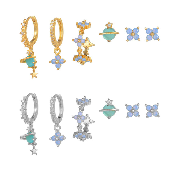 6 Pieces Blue Flower Pierced Earring Set with Zircon, 18k Gold Plated Ear Studs and Ear Drops, Women's Fashion Jewelry for Party Daily Stacked Lobe Earrings