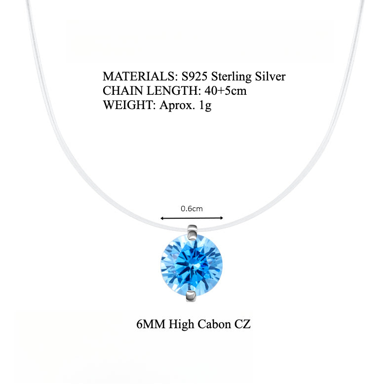 S925 Multicolor Mermaid Tear Floating CZ Necklace, Sterling Silver Invisible Fishing Line 6-8mm Cubic Zirconia Pendant, 40+5cm Adjustable Dainty Minimalist Choker
