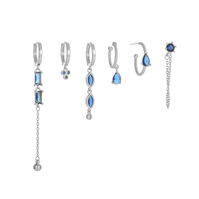 Multi Sets of Blue Flower Pierced Earrings, 4-6pcs, 18k Gold Plated Stud Drop Hoop Huggie Cuff Chain, S925 Needle, Stacked Lobe Designs with Dazzling Zirconia