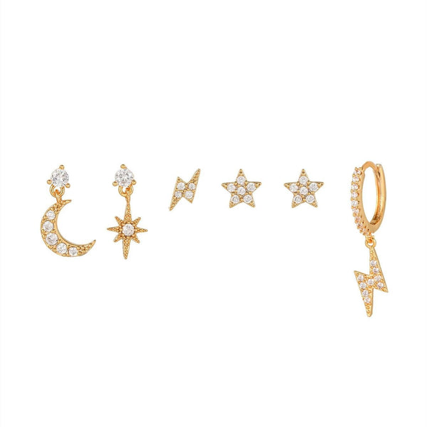 6 Pieces Starry Lightning Earring Set,18k Gold Plated Stud Drop Hoop, S925 Needle, Stacked Lobe Designs with Dazzling Zirconia