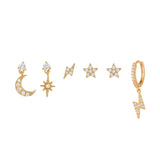 Multi Sets of Chic Star&Moon Earrings, 3-6pcs, 18k Gold Plated Stud Drop Hoop Huggie Cuff Chain, S925 Needle, Stacked Lobe Designs with Dazzling Zirconia
