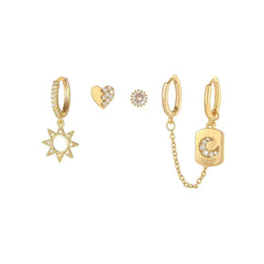 5 Pieces Sun & Moon Romance Earring Set, 18k Gold Hoop Stud  - Front View - FITINY Jewelry