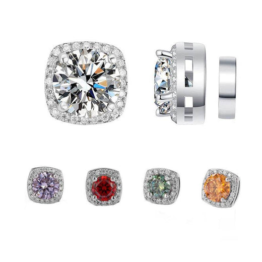 S925 Magnetic Multicolor Moissanite Square Halo Stud Earrings for Men Women, 0.5/1ct Round Cut, Inlaid Magnetic Earrings Non-Piercing Clip On Stud Earring - FITINY Jewelry