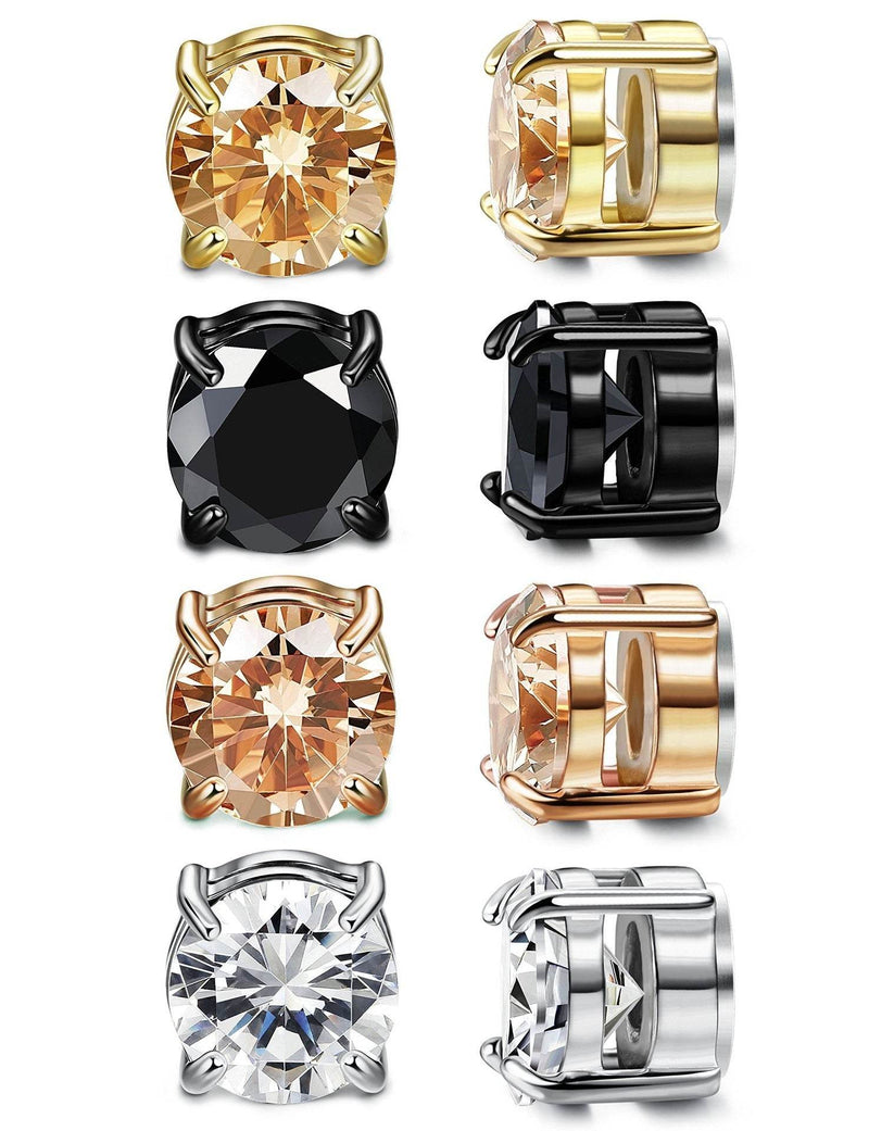 Stainless Steel Magnetic Stud Earrings for Men Women Unisex, 6/8mm 4-Prong Round CZ Inlaid Magnetic Earrings Non-Piercing Clip On Studs - FITINY Jewelry
