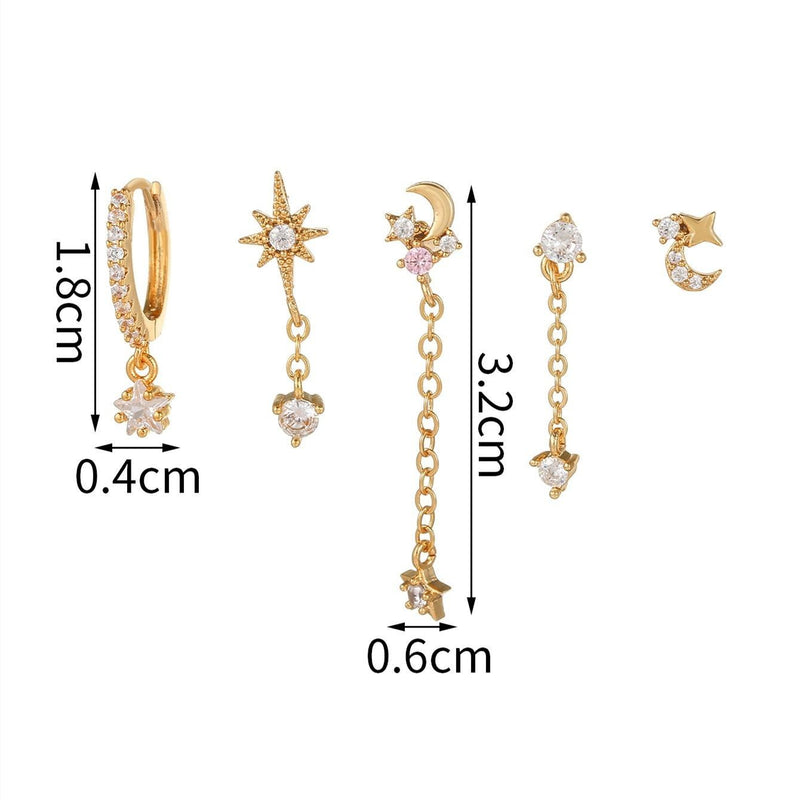 5 Pieces Eight-Pointed Star Earrings Set, 18k Gold Plated Ear Studs & Ear Drops, Stacked Lobe Design with Dazzling Zircon Stones