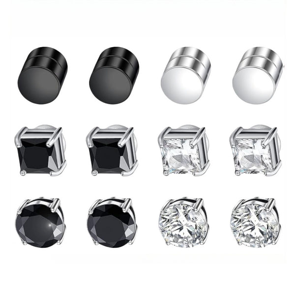 Multi Sets of Stainless Steel Magnetic CZ Stud Earrings for Men Women, 6mm Cubic Zirconia Inlaid Hypoallergenic Earring Packs, Non-Piercing Clip On Earring Combo - Fitiny
