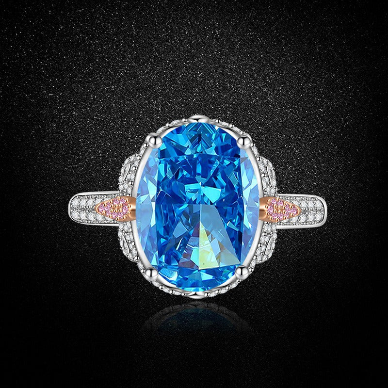 Bague ajustable multicolore en zircone cubique ovale taille fleur de glace, bleu et vert, 10 x 14 mm, 8A, bande pavée bicolore, luxe délicat 